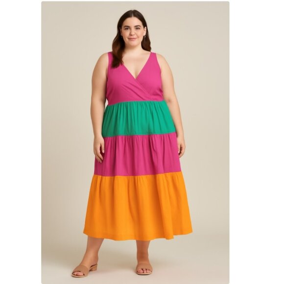 Mira Tiered Colorblock Fit & Flare Sundress Maxi Dress – Pink Green Orange XXL - Picture 1 of 6